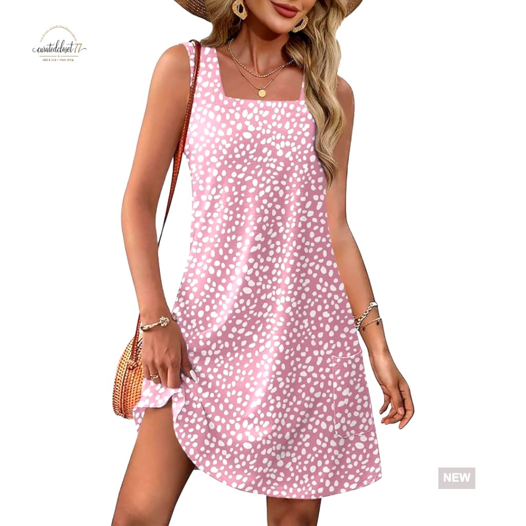 Knee-Length Square Neck Swing Dress With Pockets, Loose Fit Summer Casual